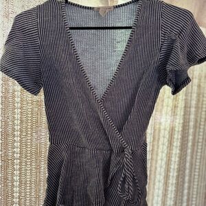 Striped Blue and White Wrap Top